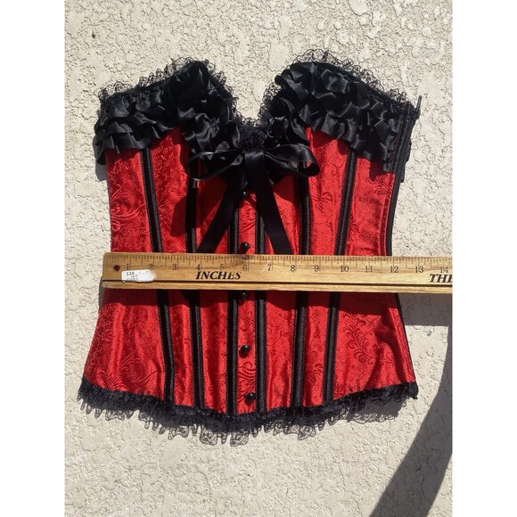 NWT BEDROOM STORIES Over-bust Corset Lace Up Boned Ruffles Womens S Red Black - Picture 5 of 13
